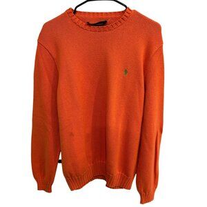 Polo By Ralph Lauren Orange Cotton Knit Crewneck Sweater Green Logo Size L